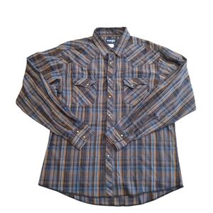 Wrangler Pearl Snap Button-Down Men's Blue Plaid Shirt (XL)